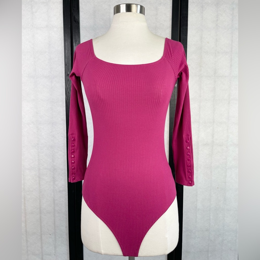 Sezane Pink Fitted 3/4 Sleeve Bodysuit